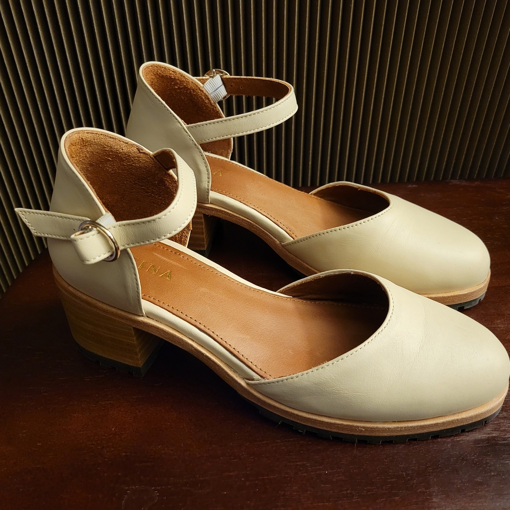 Women's Cream Ankle-Strap Block Heel Pumps